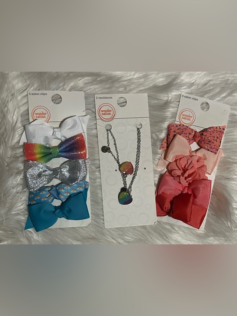 Wonder Nation Kids Rainbow Heart Necklace - Multicolor and hair bows bundle.
